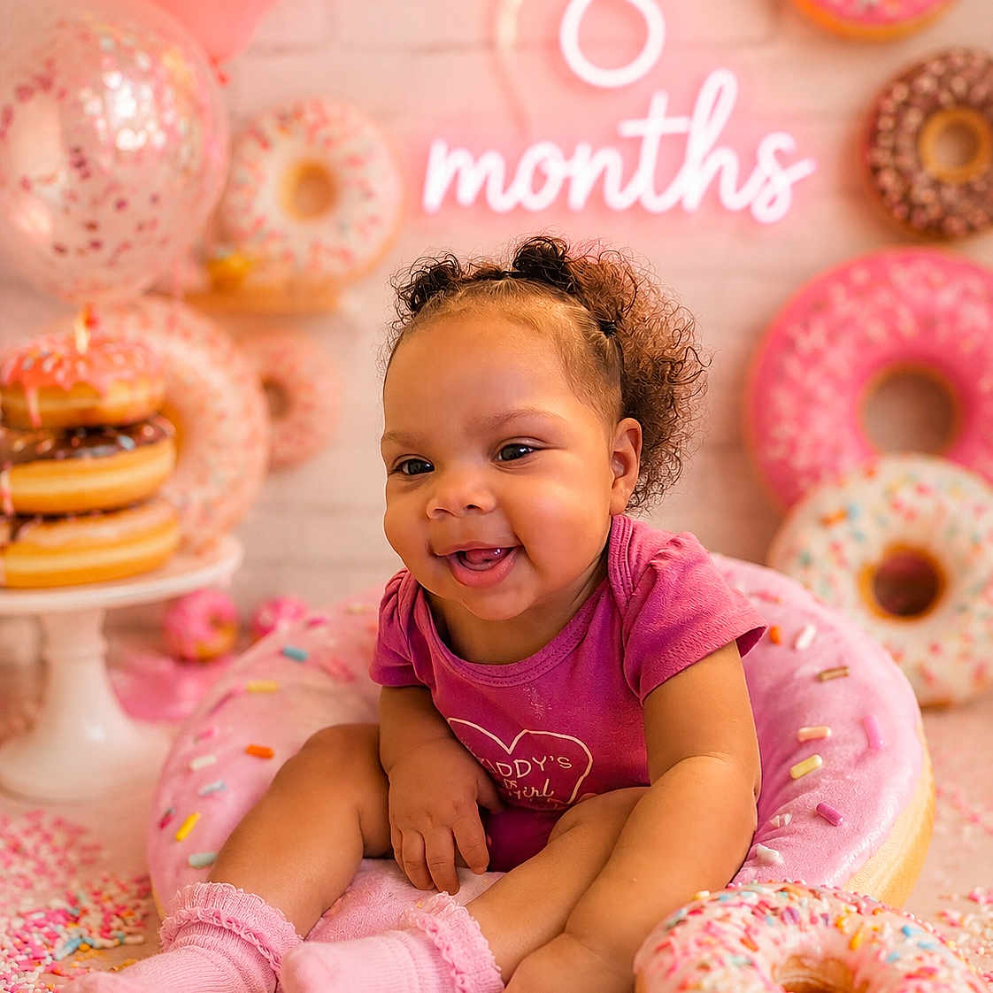 Serenity joined the competition — help win amazing prizes! baby, child, infant, pink, donut, sprinkles, balloon, smile, cute, happy, celebration, props, neon_sign, socks, curly_hair, sitting, food_theme, birthday, milestone, playful