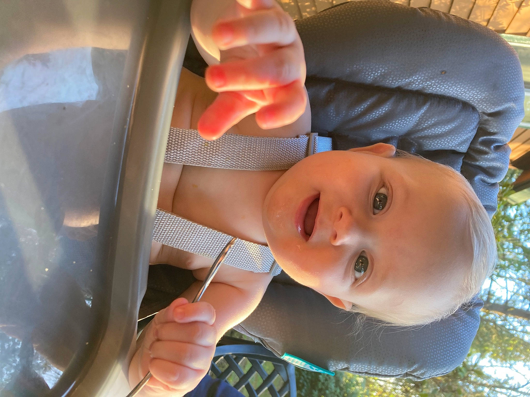 Jasper joined the competition — help win amazing prizes! baby, cheek, chin, finger, grass, hand, happy, hat, headgear, human_body, lip, mouth, nose, person, plant, skin, smile, toddler, tree, window