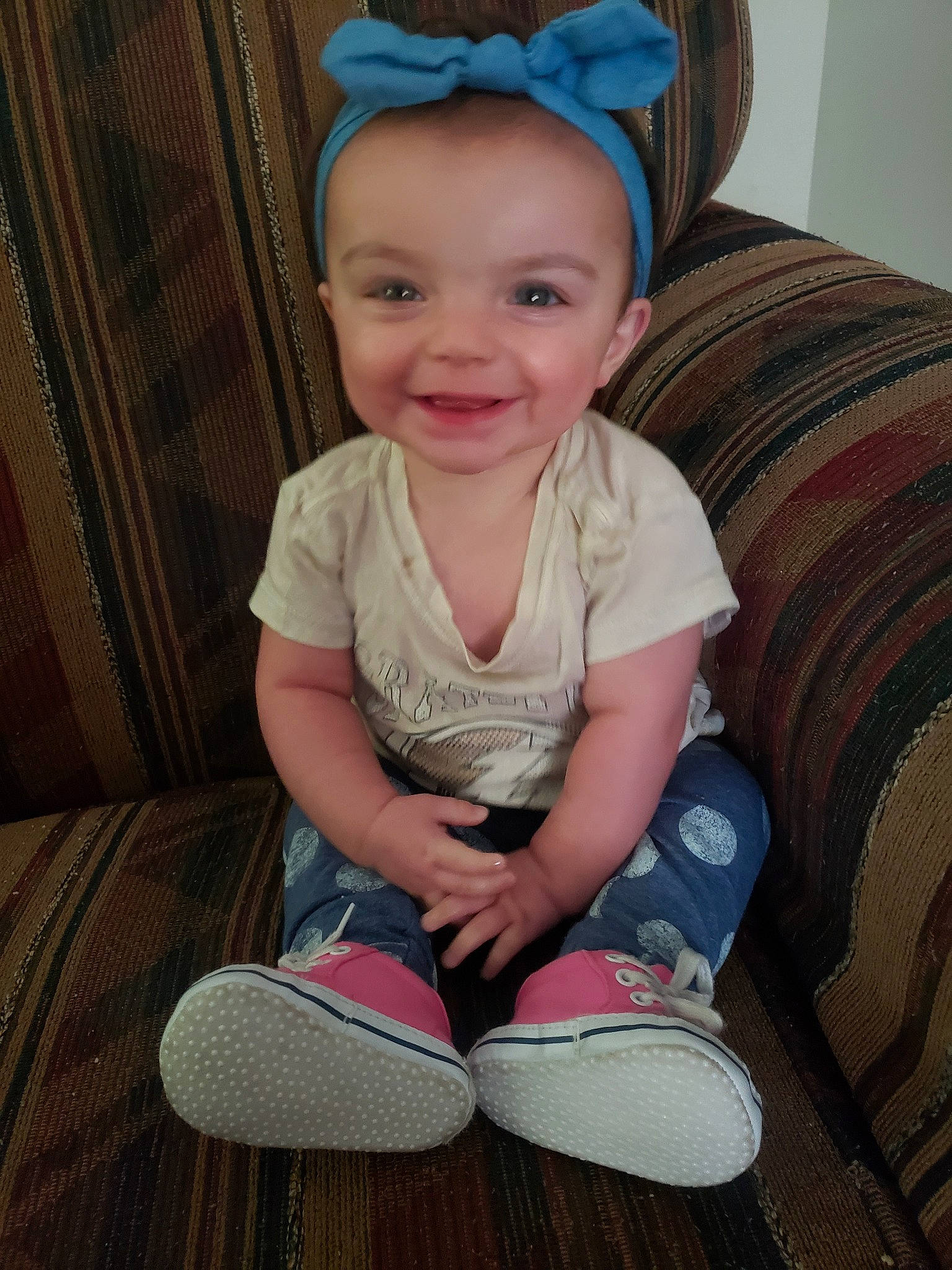 Abigail joined the competition — help win amazing prizes! baby, baby_toddler_clothing, cheek, child, ear, eye, hair_accessory, head, headband, headgear, iris, joy, person, sitting, skin, smile, toddler