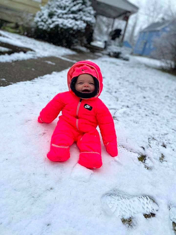 Laylin joined the competition — help win amazing prizes! baby, baby_toddler_clothing, beanie, cheek, child, freezing, frost, geological_phenomenon, headwear, hood, hoodie, ice_cap, jacket, person, play, playing_in_the_snow, playing_with_kids, precipitation, snow, toddler