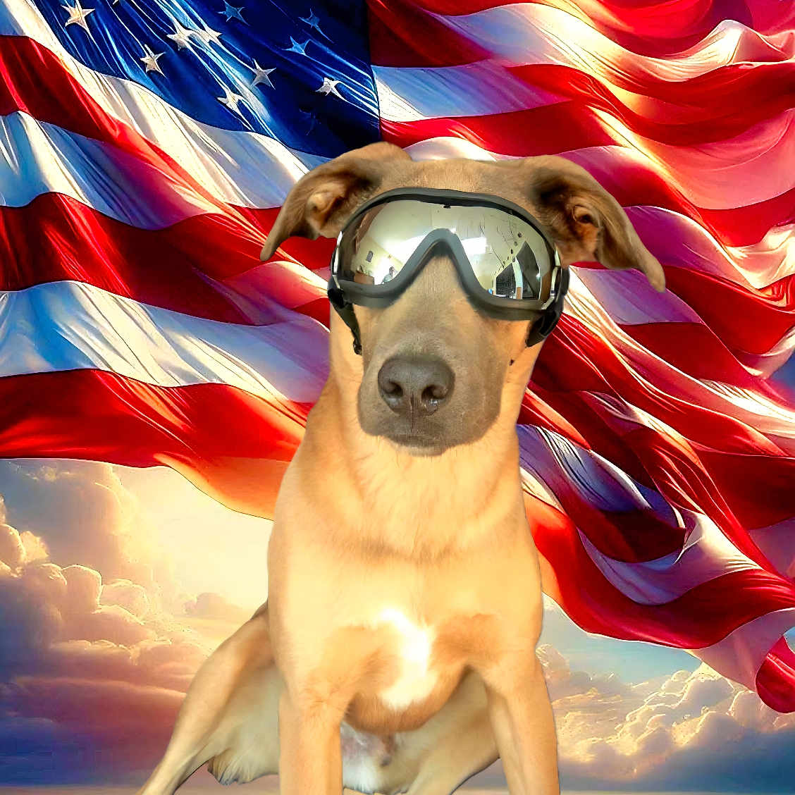 Charlie joined the competition — help win amazing prizes! dog, goggles, american_flag, flag, patriotic, outdoor, sky, clouds, sunset, grass, landscape, reflection, animal, canine, sitting, field, vibrant_colors, background, portrait, funny