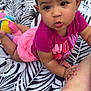 Zariyah joined the competition — help win amazing prizes! baby, blanket, child, crawling, curly_hair, cute, earrings, expression, face, grass, hand, leg, magenta_shirt, outdoor, pattern, person, pink_shorts, playing, summer, toy