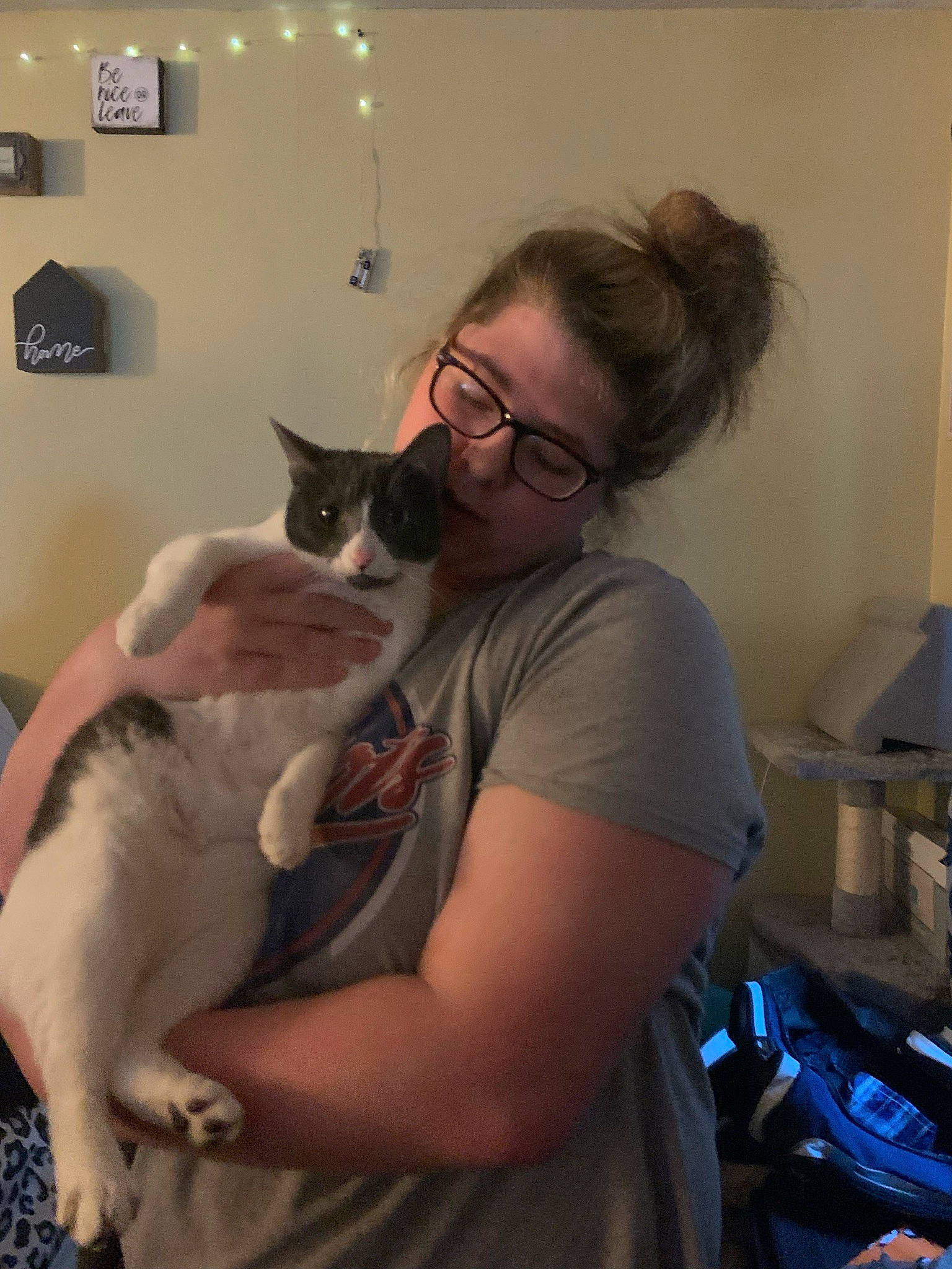 Bella joined the competition — help win amazing prizes! arm, carnivore, cat, comfort, domestic_short_haired_cat, elbow, eyewear, felidae, fur, glasses, homemaker, lap, machine, picture_frame, room, sitting, small_to_medium_sized_cats, t_shirt, vision_care, whiskers