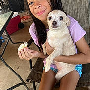 Fiddy is registered to the contest to win money with this photo: girl, child, dog, pet, smile, sitting, chair, indoor, casual, holding, food, shorts, purple_shirt, small_dog, brown_eyes, wet_hair, table, cooler, concrete_floor, relaxed