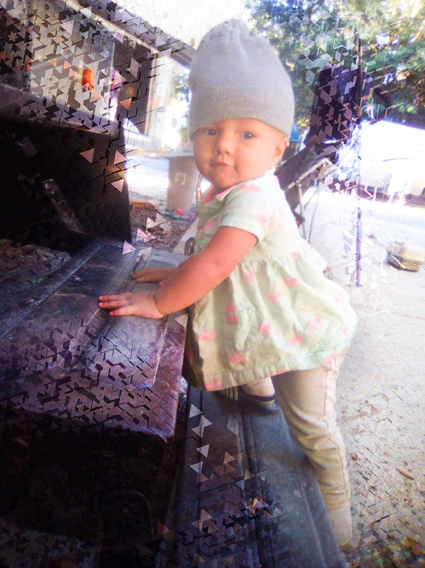 Mallorie joined the competition — help win amazing prizes! asphalt, baby, baby_toddler_clothing, beanie, cap, child, dress, fashion_accessory, fun, grass, hat, headwear, human_leg, knit_cap, magenta, pattern, person, pink, soil, tints_and_shades