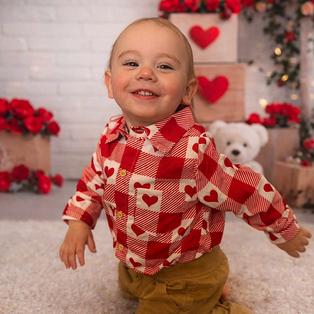 Greyson is registered to the contest to win money with this photo: toddler, child, smiling, red_shirt, heart_pattern, crawling, carpet, valentine, roses, flowers, teddy_bear, wooden_crates, decorations, indoor, happy, cute, portrait, baby, festive, background