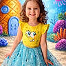 child, girl, smiling, curly_hair, yellow_top, blue_skirt, bow, spongebob, underwater_background, pineapple_house, bubbles, cartoon, playful, happy, portrait, colorful, costume, fantasy, sea_creatures, cute