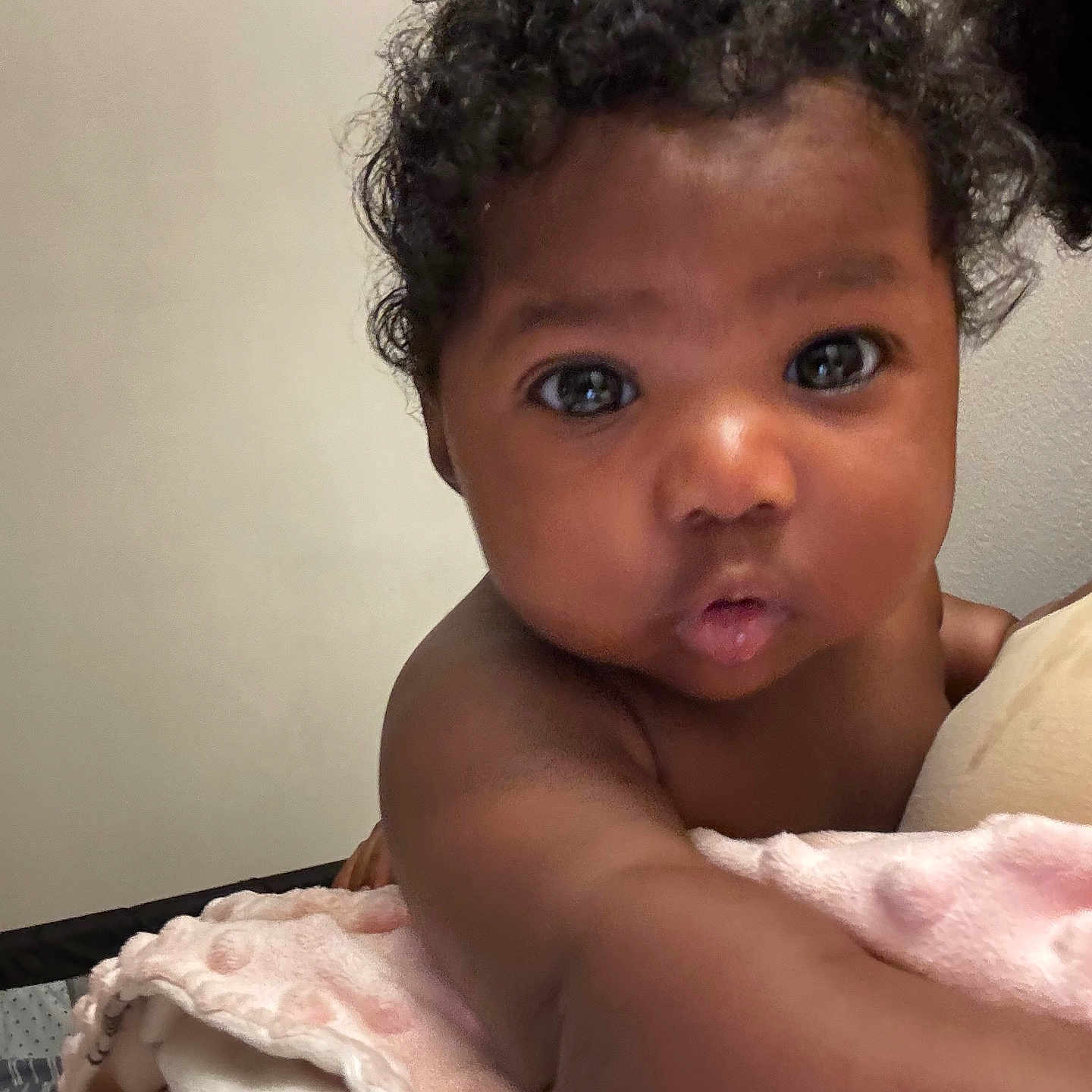 Butterfly joined the competition — help win amazing prizes! adorable, baby, blanket, child, close_up, curiosity, curly_hair, cute, expression, eyes, face, indoor, infant, person, portrait, reaching_out, skin, soft_texture, toddler, young_child