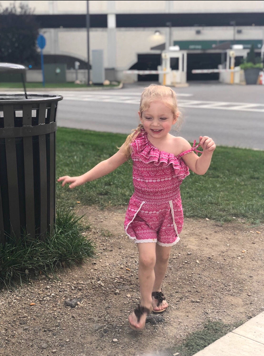 Elayna is registered to the contest to win money with this photo: child, dress, fun, joy, person, pink, play, public_space, smile, snapshot, standing, summer, toddler, vacation, walking