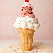 Briella joined the competition — help win amazing prizes! baby, infant, ice_cream, cone, crochet, hat, cherry, sprinkles, pink_background, fluffy_rug, cute, portrait, studio, costume, props, child, smiling, soft_lighting, creative, whimsical