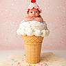 baby, infant, ice_cream, cone, crochet, hat, cherry, sprinkles, pink_background, fluffy_rug, cute, portrait, studio, costume, props, child, smiling, soft_lighting, creative, whimsical