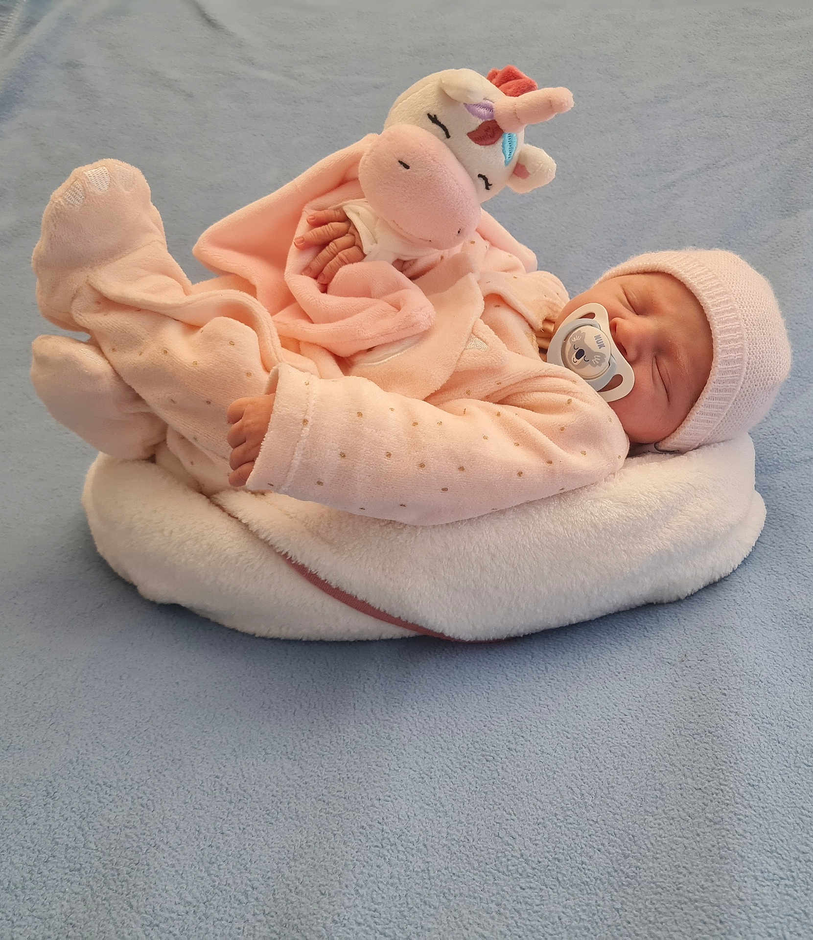 Fiona a rejoint le concours — aidez-le/la à gagner de superbes lots ! baby, sleeping, pacifier, pink_pajamas, hat, plush_toy, unicorn, cushion, blanket, soft_texture, cozy, infant, child, peaceful, resting, indoors, cute, comfort, small_hands, face