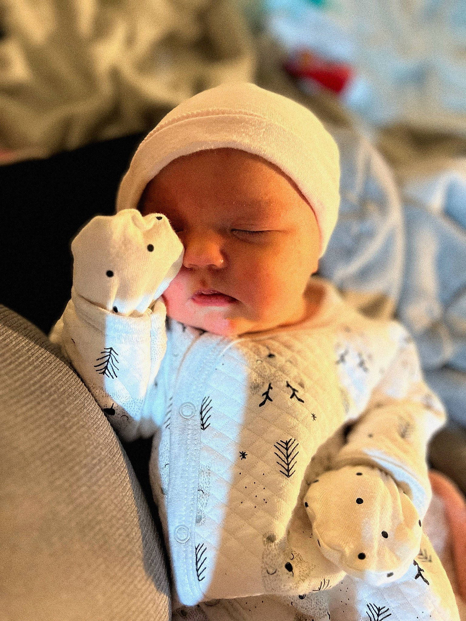 Aria is registered to the contest to win money with this photo: baby, baby_sleeping, baby_toddler_clothing, bedtime, cap, cheek, child, comfort, eye, fur, happy, hat, knit_cap, linens, nose, person, room, skin, stuffed_toy, toddler