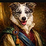 dog, portrait, costume, royal, vintage, jewel, brooch, fabric, fluffy, white, gray, smiling, pet, animal, dressed_up, historical_style, indoor, luxury, noble, classic