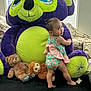 toddler, child, stuffed_animal, giant_toy, purple, green, bear, plush, toy, cute, indoors, window, curtains, floral, dress, barefoot, smiling, home, couch, play