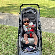 Julius joined the competition — help win amazing prizes! baby, stroller, sunglasses, child, outdoor, grass, sidewalk, sunlight, shade, casual, summer, cute, infant, seatbelt, red_clothing, footwear_none, relaxing, portrait, baby_accessory, park
