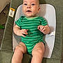 baby, infant, green_onesie, baby_seat, child, cute, smiling, indoor, carpet, fabric, mesh, hand, foot, face, skin, person, newborn, happy, sitting, toddler