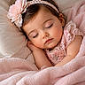 baby, sleeping, child, pink, blanket, headband, flower, lace, cute, soft, peaceful, portrait, infant, rest, cozy, face, eyelashes, hand, skin, relax