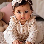 Charlie Swartz is registered to the contest to win money with this photo: baby, child, infant, girl, blue_eyes, headband, bow, floral_pattern, long_sleeves, wooden_blocks, carpet, indoor, cute, playing, hands, sitting, portrait, soft_lighting, candid, adorable