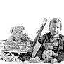 Alessio participe au concours pour gagner de l'argent avec cette photo : toddler, child, black_and_white, barefoot, teddy_bear, stuffed_animal, wagon, flowers, plush_toy, wooden_wagon, cute, portrait, soft_lighting, fluffy_surface, indoor, clothing, baby, sitting, toy, playful