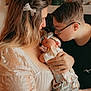 woman, baby, newborn, child, glasses, kiss, love, family, tenderness, headband, pacifier, floral, lace, clothing, portrait, indoor, warm_light, decor, person, holding