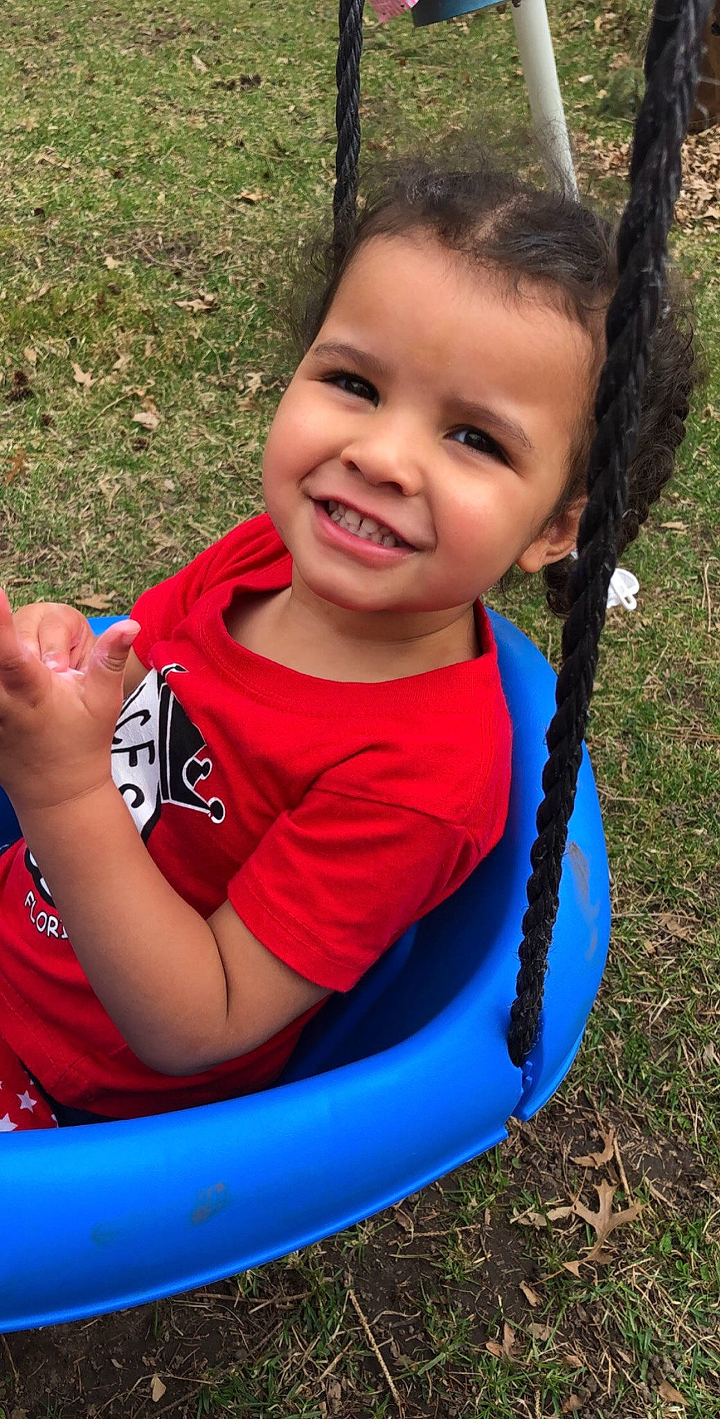 Royalty is registered to the contest to win money with this photo: blue, child, face, facial_expression, fun, grass, happy, joy, laugh, leisure, outdoor_play_equipment, people, person, play, playground, public_space, smile, summer, swing, toddler