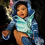 baby, blue, child, clothing, costume, cute, dark, ears, face, hand, happy, holding, hood, infant, jacket, night, outdoor, person, portrait, smile