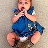 Adaline joined the competition — help win amazing prizes! baby, infant, child, blue_dress, headband, bow, cowboy_boots, carpet, hands, surprised_expression, indoor, sitting, cute, person, portrait, skin, footwear, clothing, young_child, head