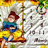 baby, infant, costume, snow_white, milestone_blanket, sunflowers, flowers, wreath, months, colorful, cute, portrait, child, headband, red_bow, yellow_skirt, blue_top, smiling, lying_down, celebration