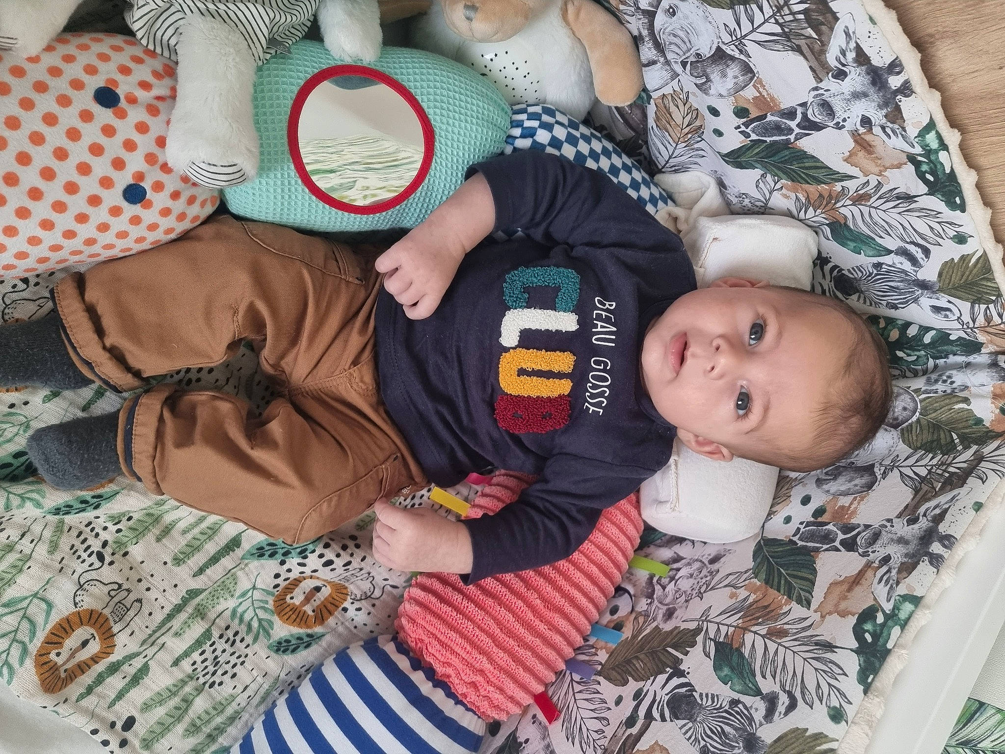 Mahé participe au concours pour gagner de l'argent avec cette photo : baby, baby_products, baby_toddler_clothing, bag, child, comfort, fashion_accessory, hat, linens, luggage_and_bags, pattern, person, room, sitting, sleeve, sun_hat, sunglasses, t_shirt, toddler, tree