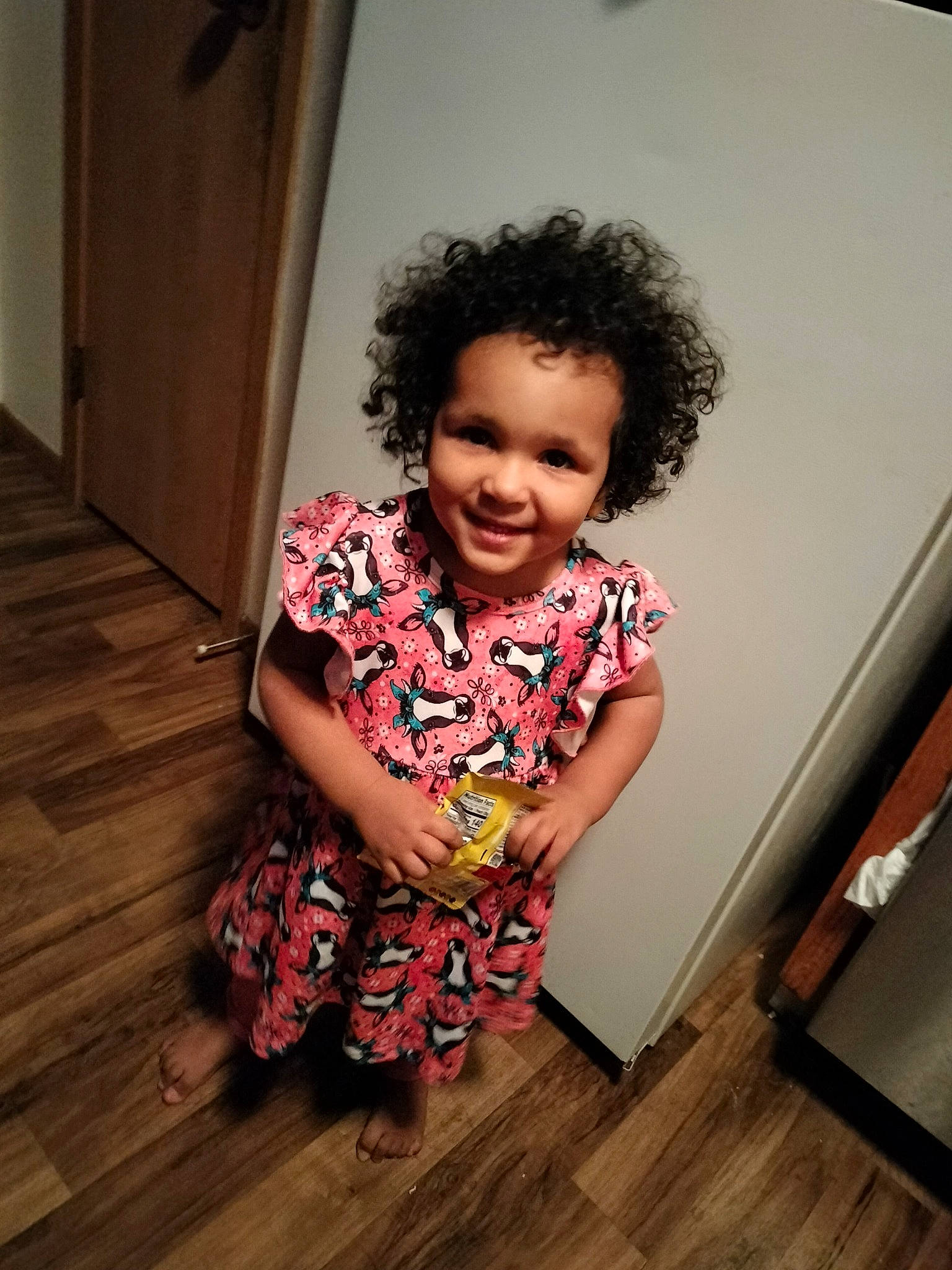 Jayla joined the competition — help win amazing prizes! baby_toddler_clothing, child, dress, flash_photography, floor, flooring, fun, hairstyle, happy, hardwood, human, joy, laminate_flooring, pattern, person, skin, smile, toddler, varnish, wood