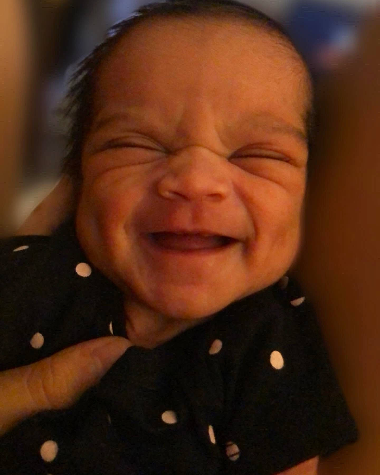 Everlee is registered to the contest to win money with this photo: baby, baby_laughing, button, cheek, child, collar, dress_shirt, ear, gesture, happy, jaw, lip, mouth, nose, person, skin, sleeve, smile, toddler, tooth