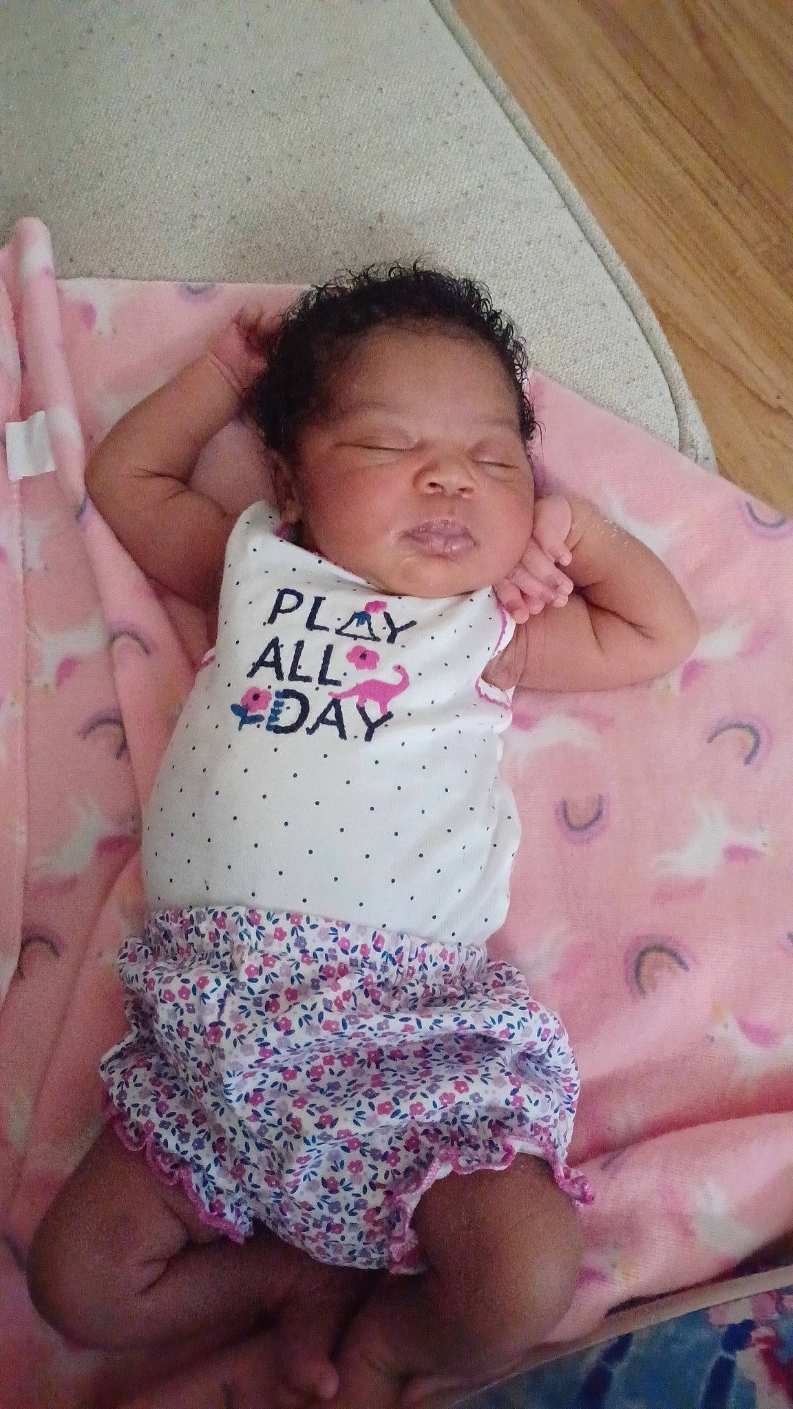 Morgan is registered to the contest to win money with this photo: arm, baby, baby_sleeping, baby_toddler_clothing, chest, comfort, eye, face, hair, head, human_body, leg, mouth, neck, person, pink, shoulder, skin, stomach, textile