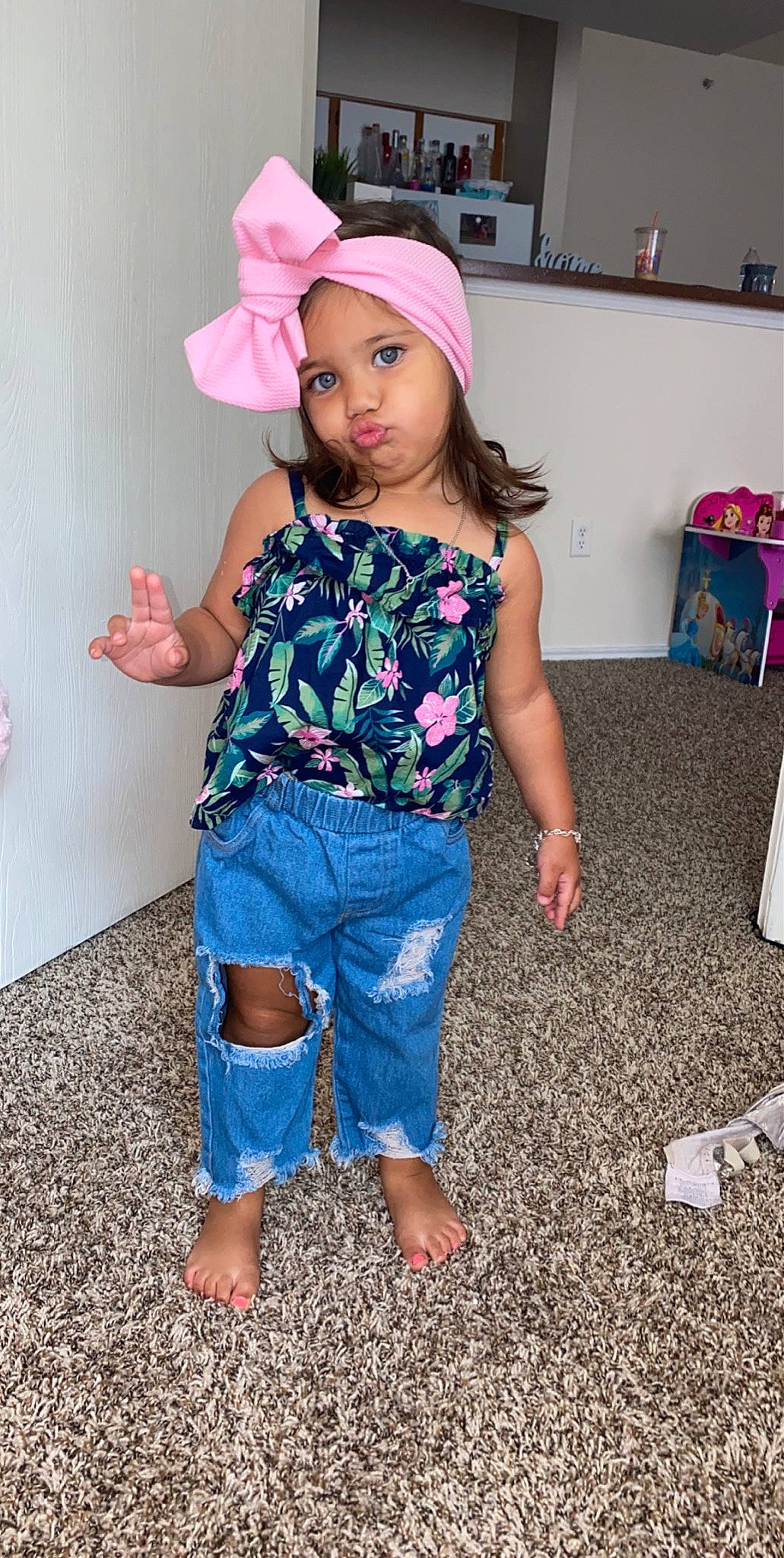 Anali joined the competition — help win amazing prizes! child, child_model, clothing, denim, fashion_accessory, hat, headgear, headwear, jeans, person, pink, play, sun_hat, textile, toddler