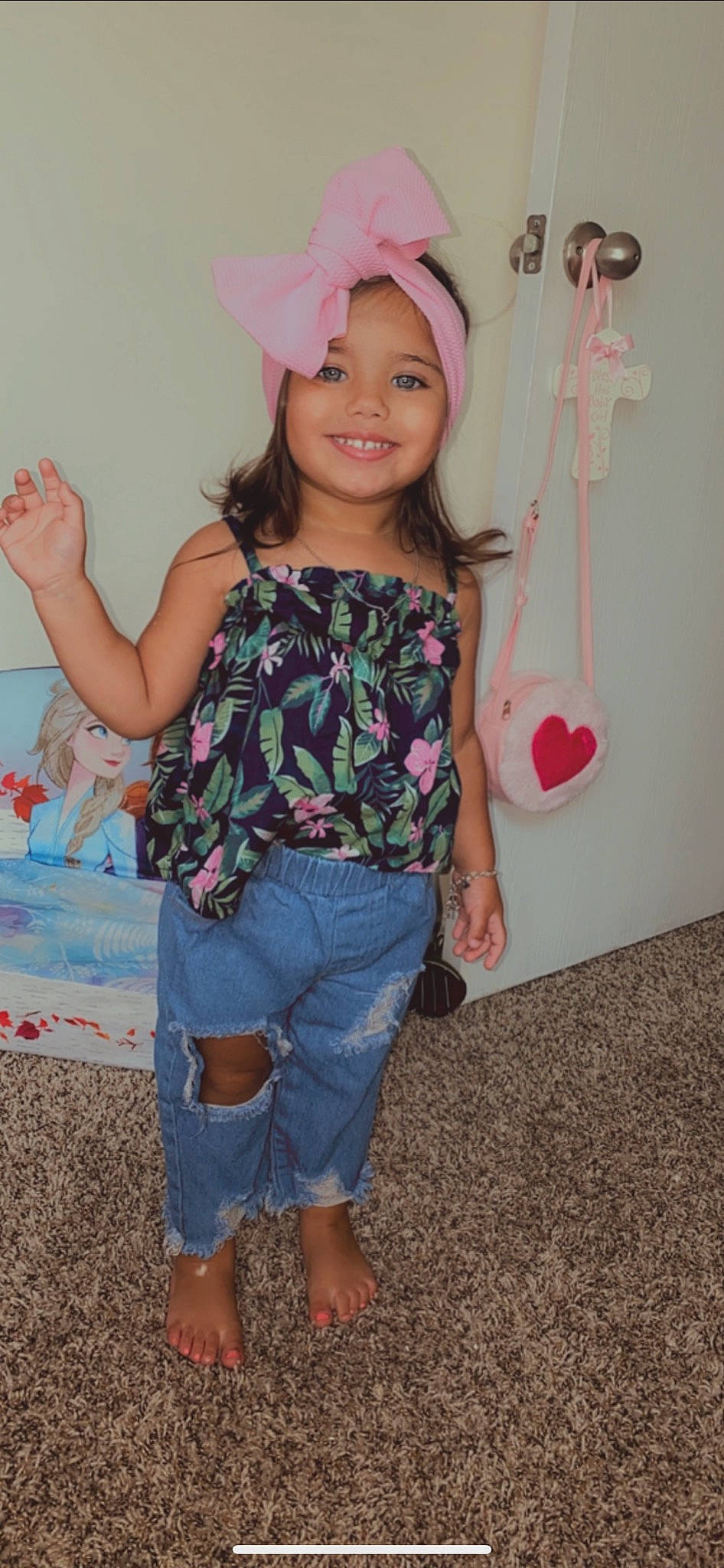 Anali joined the competition — help win amazing prizes! child, child_model, clothing, fashion_accessory, fun, hat, headgear, headwear, jeans, joy, pattern, person, pink, play, shoulder, smile, textile, toddler