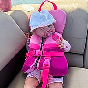 Adalynn joined the competition — help win amazing prizes! baby, infant, life_jacket, pink, pacifier, white_cap, boat, water, outdoor, sunny, seat, safety, child, cute, relaxing, summer, clothing, smiling, legs, hands