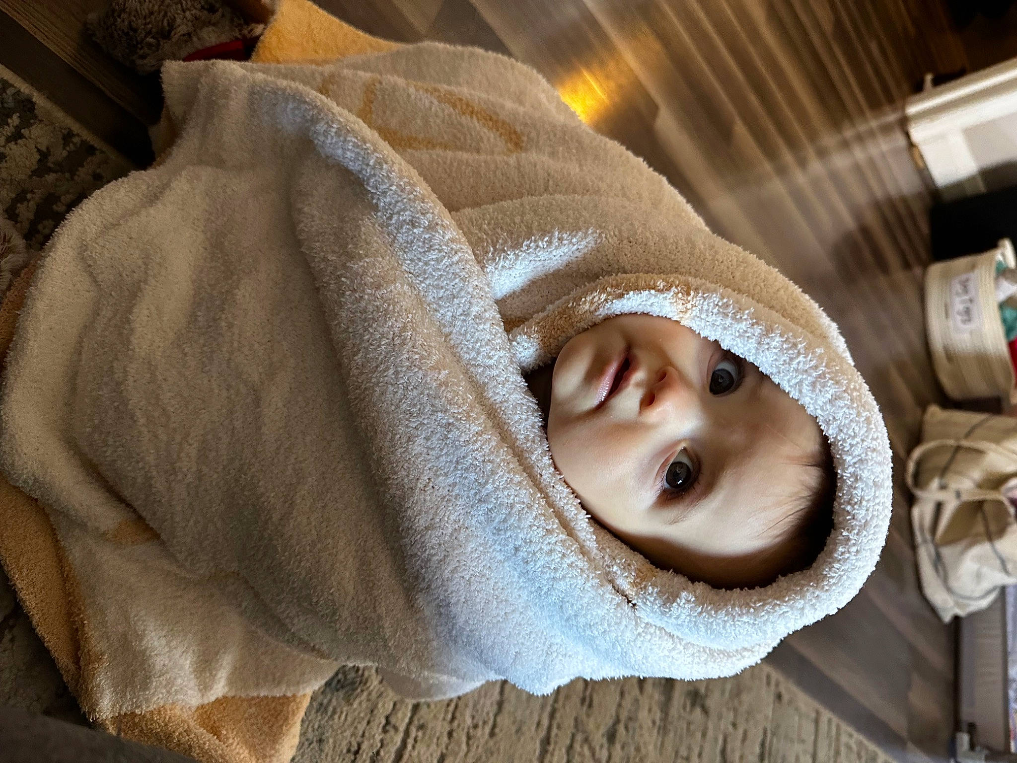 Aubrey is registered to the contest to win money with this photo: baby, child, comfort, eye, flooring, fur, happy, linens, person, portrait_photography, room, selfie, sleeve, smile, sunglasses, textile, tree, window, wood, wool