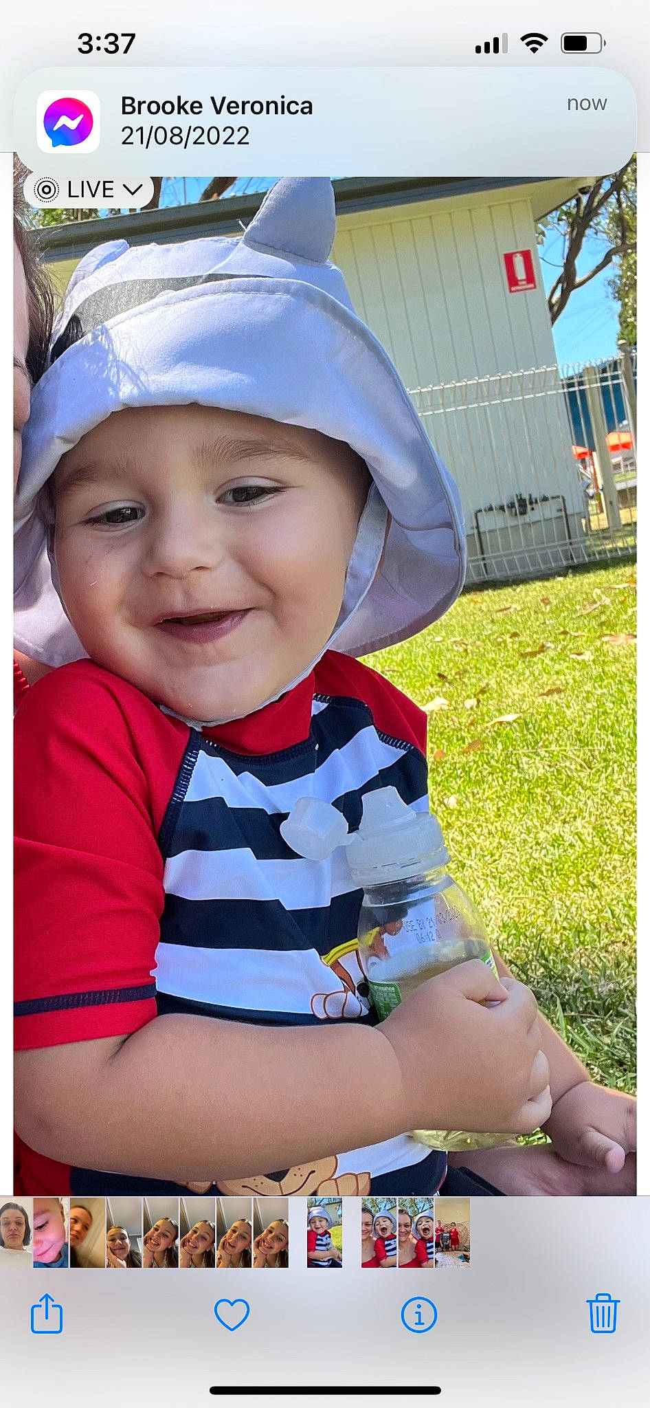 Jarni joined the competition — help win amazing prizes! baby, baby_toddler_clothing, baseball_cap, blue, cap, child, electric_blue, fashion_accessory, fun, grass, happy, hat, headwear, joy, leisure, magenta, person, recreation, sleeve, smile