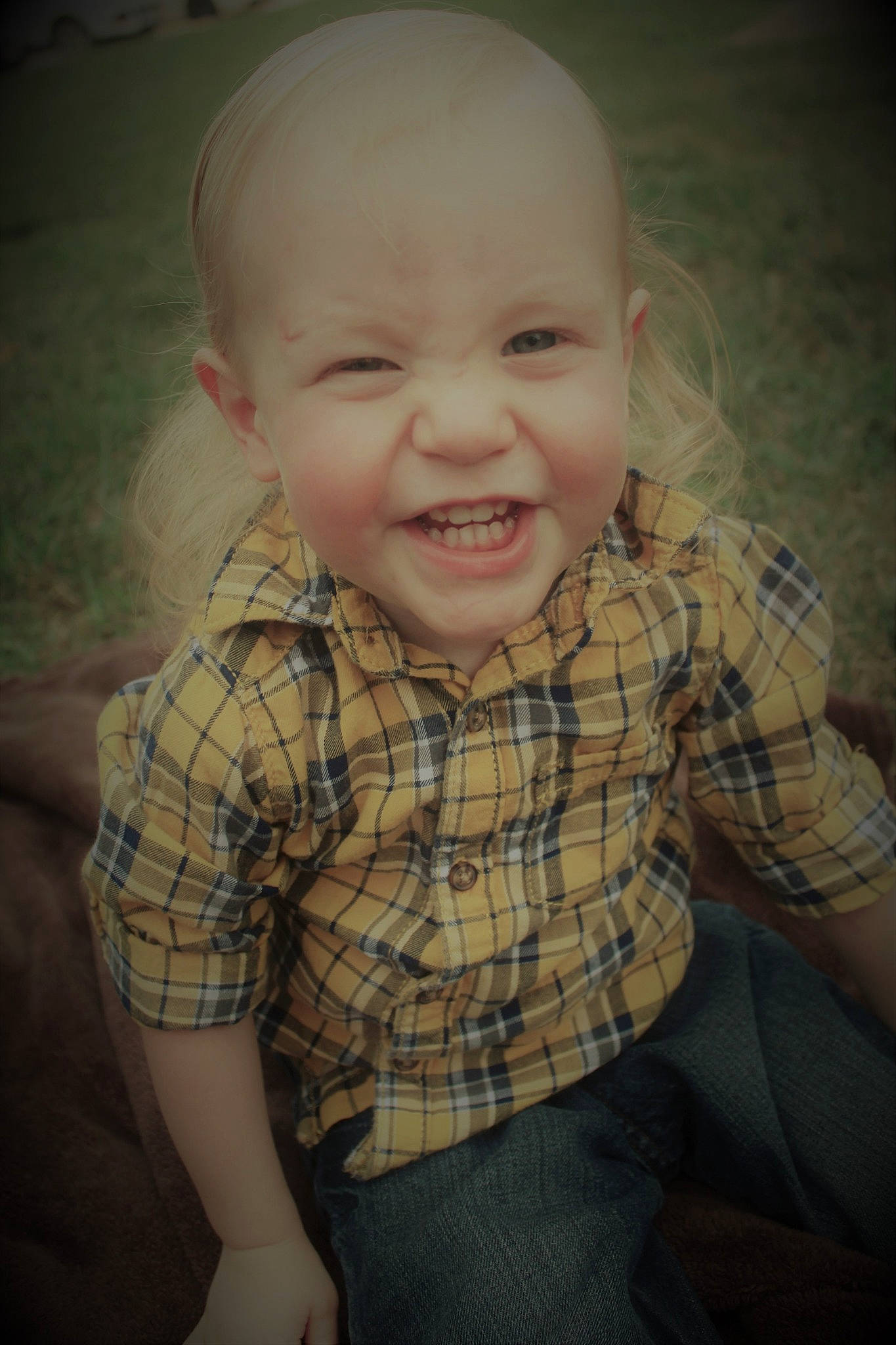 Lennox joined the competition — help win amazing prizes! baby, cheek, child, chin, design, eye, face, facial_expression, fun, head, laugh, lip, nose, pattern, person, plaid, portrait, skin, smile, toddler