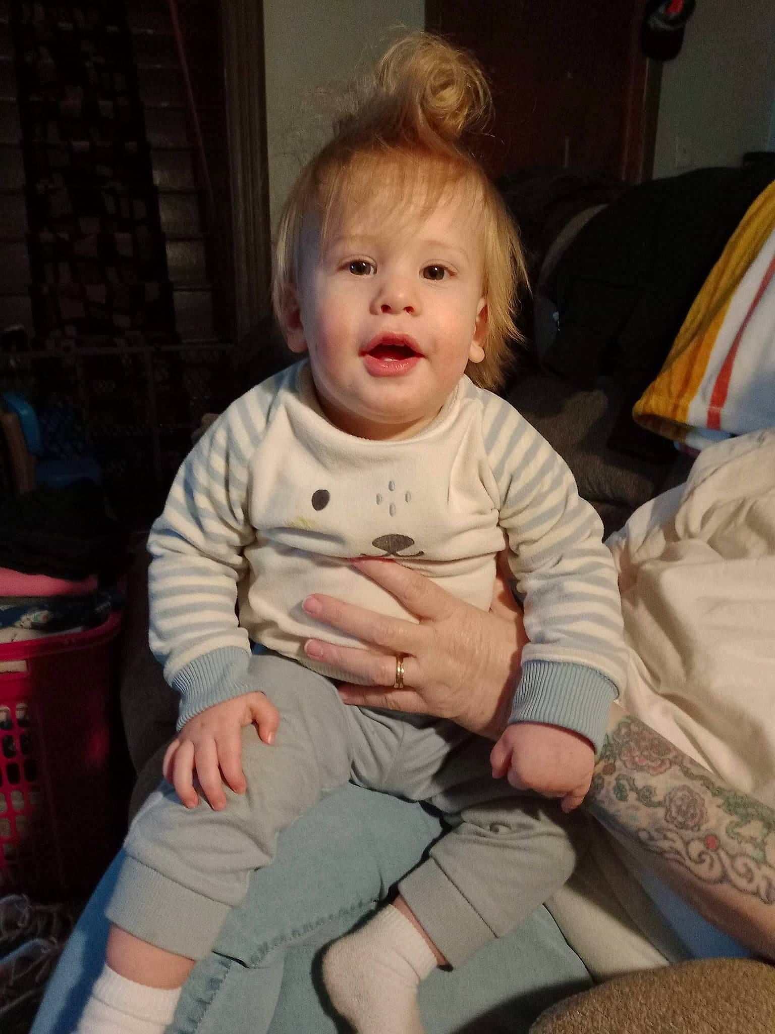 Landen joined the competition — help win amazing prizes! baby, baby_toddler_clothing, blond, cheek, child, comfort, eye, fun, hair, happy, head, iris, lap, leg, lip, person, skin, sleeve, smile, thigh