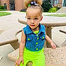 Zahra Harris joined the competition — help win amazing prizes! bench, brick_wall, building, casual, child, concrete, curious, cute, daylight, denim_vest, fashion, greenery, hair_bun, neon_clothing, outdoor, person, portrait, sidewalk, toddler, young_child