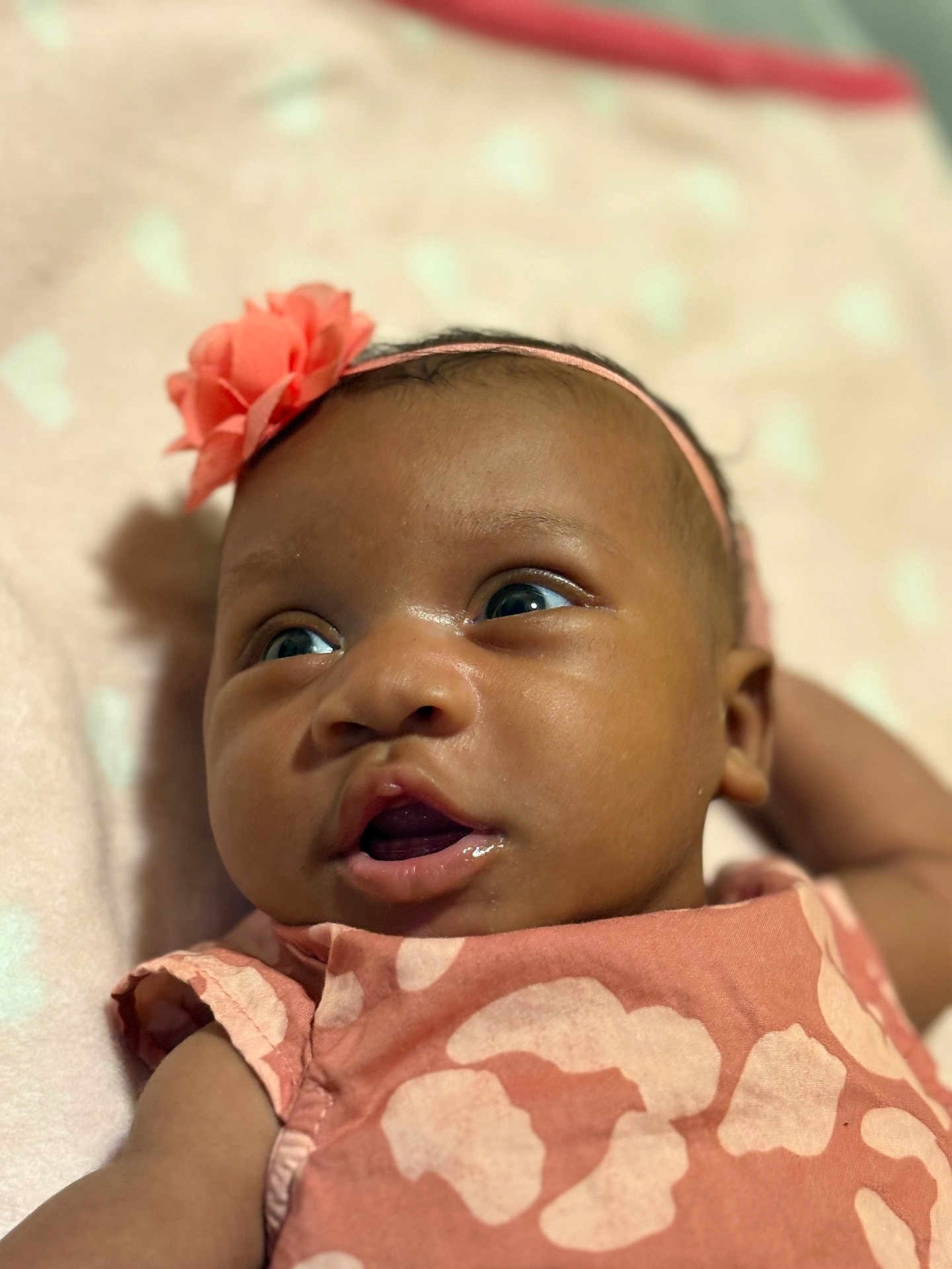 Genesis is registered to the contest to win money with this photo: baby, infant, close_up, portrait, headband, flower, dress, pink, blanket, heart_pattern, cute, child, skin, face, eyes, mouth, lying_down, soft_texture, adorable, indoors