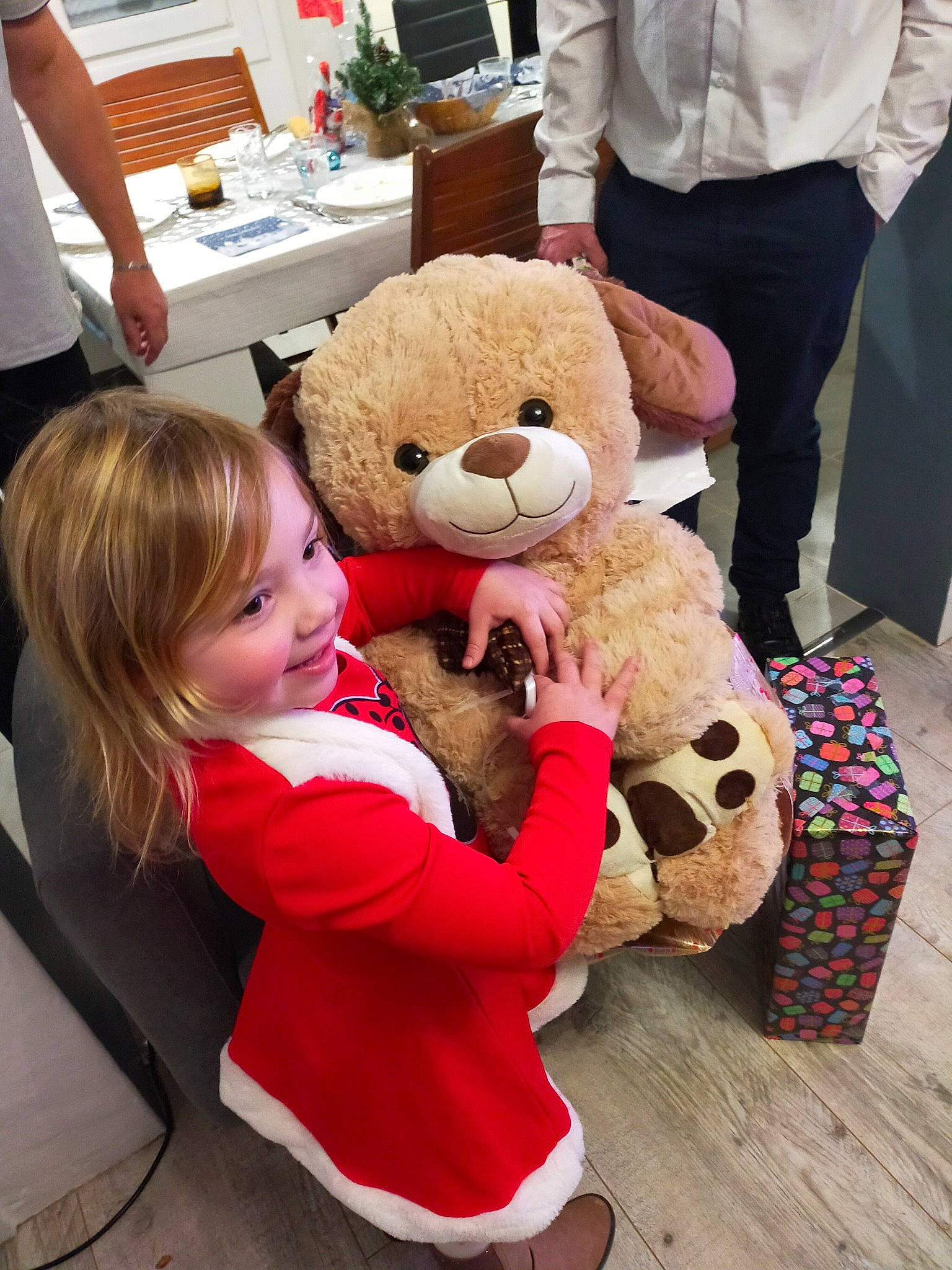 Zelia participe au concours pour gagner de l'argent avec cette photo : chair, child, comfort, companion_dog, event, fun, fur, happy, hat, holiday, leisure, person, plush, room, smile, stuffed_toy, table, teddy_bear, toddler, toy