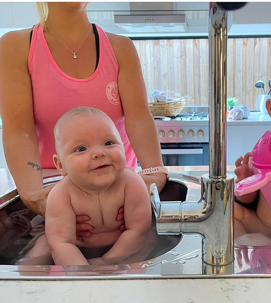 Jagger joined the competition — help win amazing prizes! abdomen, baby, bathing, brassiere, cheek, chest, child, happy, joy, mouth, muscle, person, pink, room, sitting, skin, smile, swimwear, t_shirt, thigh