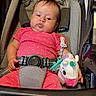 baby, infant, child, car_seat, vehicle,  안전, pink_clothing, polka_dots, seatbelt, buckled, plush_toy, unicorn, pacifier, toy, portrait, indoors, sitting, face, automotive, family