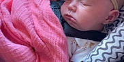 Lilly joined the competition — help win amazing prizes! baby, sleeping, car_seat, pink_blanket, headband, bow, child, infant, seatbelt, zigzag_pattern, soft_toys, indoors, cute, peaceful, resting, clothing, fabric, closeup, face, newborn
