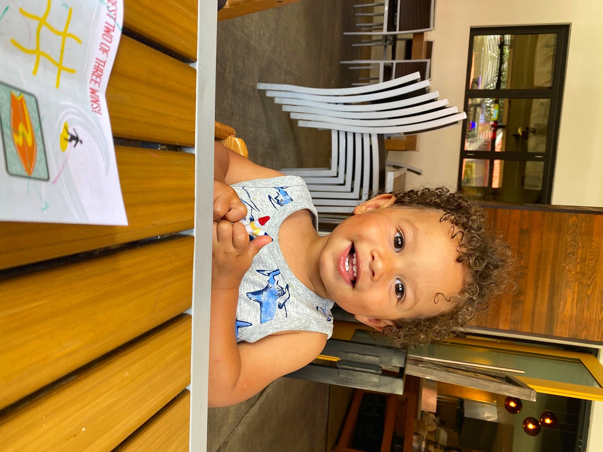 Carter joined the competition — help win amazing prizes! baby, baby_laughing, baby_toddler_clothing, cabinetry, child, flooring, fun, happy, hardwood, house, joy, leisure, person, play, room, shelf, sitting, smile, t_shirt, toddler