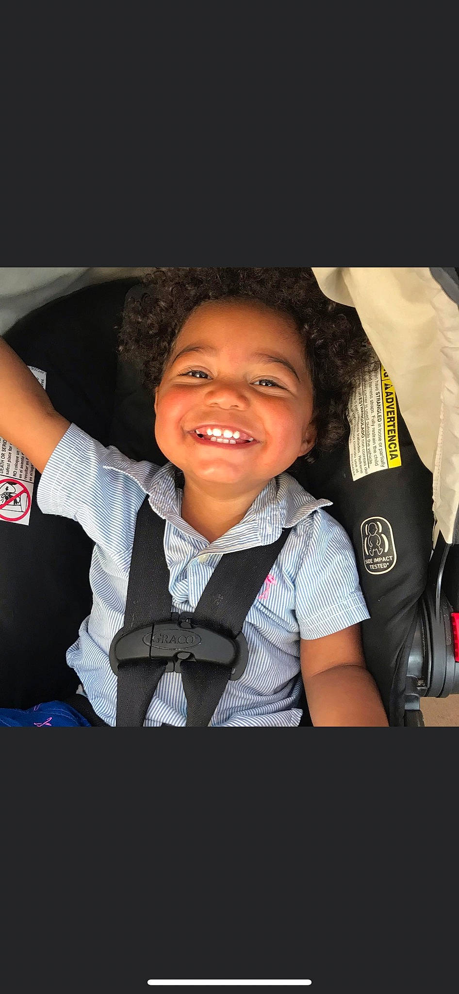 Russell joined the competition — help win amazing prizes! arm, auto_part, automotive_design, baby_carriage, baby_products, car_seat, child, flash_photography, fun, gesture, happy, joy, laugh, person, sitting, sleeve, smile, t_shirt, thumb, toddler