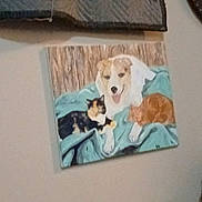 Mittens is registered to the contest to win money with this photo: painting, dog, cat, wall, art, canvas, blue_blanket, wood, indoor, animal_art, decor, hanging, blur, tilted, furniture, room, pet_portrait, colorful, background, home