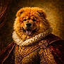 artistic, brooch, brown, canine, chow_chow, clothing, costume, dog, fur, gold, historical, indoor, luxury, noble, painting_style, portrait, regal, renaissance, ruffled_collar, smiling